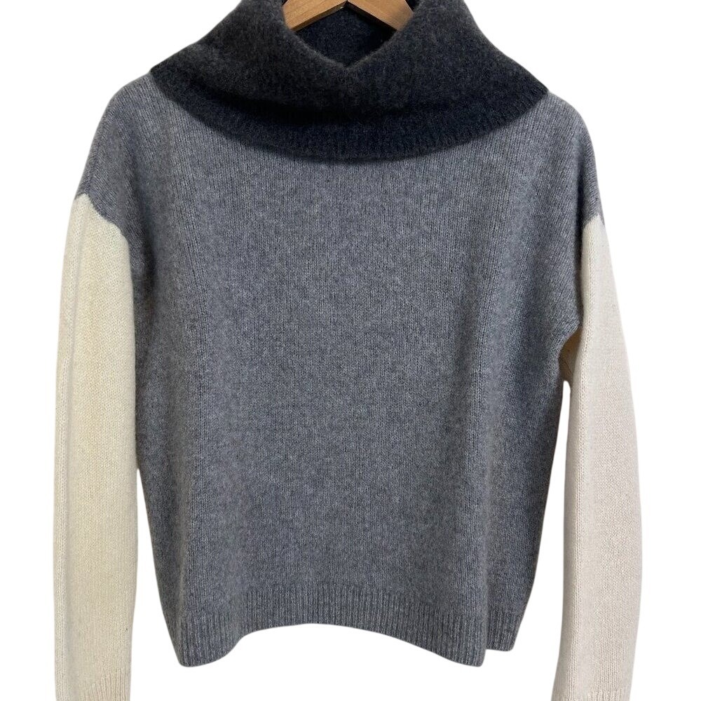 Saks Fifth Avenue Cashmere Colorblock Funnel Neck Sweater Gray Cream‎ Large